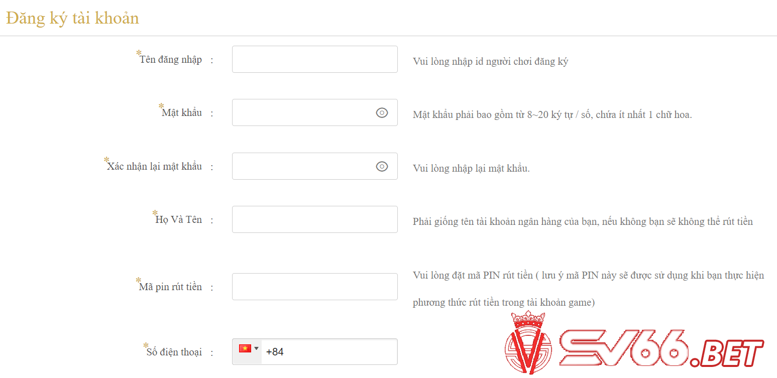 Điền thông tin đăng ký tài khoản SV66